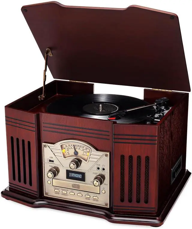 Main image of All-in-One Turntable with 3-Speed Record Player, Bluetooth, CD, Cassette Tape, AM/FM Radio, Aux, USB, Built-in Speakers, Handmade Wooden Exterior