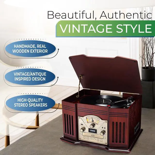 Alt view image 3 of 5 - All-in-One Turntable with 3-Speed Record Player, Bluetooth, CD, Cassette Tape, AM/FM Radio, Aux, USB, Built-in Speakers, Handmade Wooden Exterior
