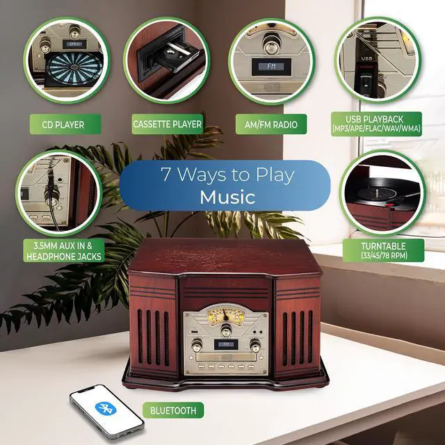 Alt view image 4 of 5 - All-in-One Turntable with 3-Speed Record Player, Bluetooth, CD, Cassette Tape, AM/FM Radio, Aux, USB, Built-in Speakers, Handmade Wooden Exterior