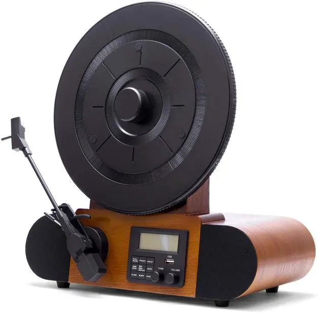 Alt view image 3 of 7 - Vert Vertical Vinyl Record Player | FM Radio, Bluetooth, AUX, USB | Alarm Clock | Audio Technica Cartridge | Full Range Speakers | Vintage Mid Century Modern | Handcrafted Ashtree Wood