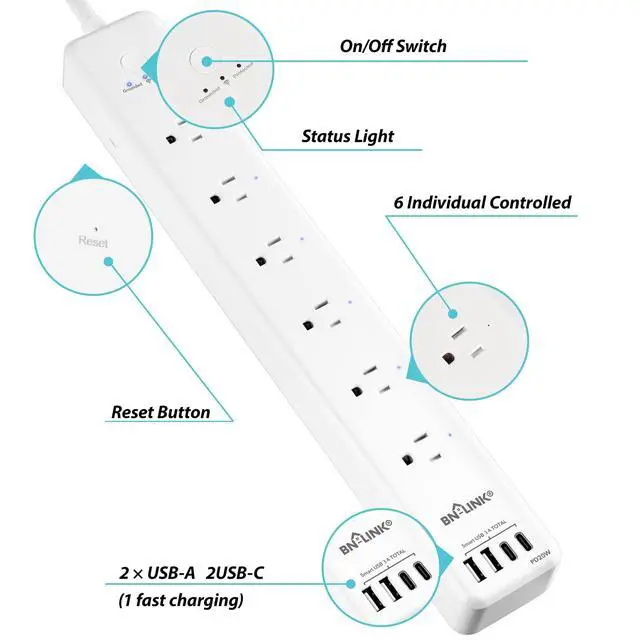 Alt view image 7 of 7 - BN LINK Smart Plug Power StripSurge Protector with 6 Individually Controlled Smart Outlets, 4 USBs (incl. 20W USB-C), Compatible with Alexa and Google Home