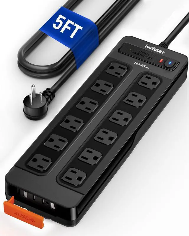 Main image of Outdoor Power Strip Weatherproof with 1800J Surge Protector, 15.5w, 12 AC | IPX6 Waterproof, 5ft Outlet Extender with 4 USB, 1625W/13A, Wall-Mountable for Home Office, Workshop, Patio, UL Listed