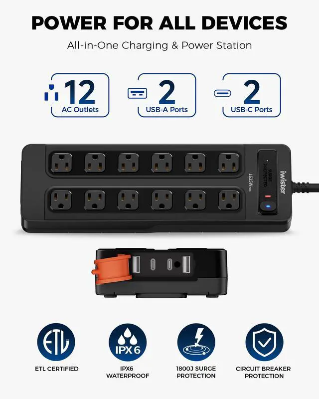 Alt view image 4 of 7 - Outdoor Power Strip Weatherproof with 1800J Surge Protector, 15.5w, 12 AC | IPX6 Waterproof, 5ft Outlet Extender with 4 USB, 1625W/13A, Wall-Mountable for Home Office, Workshop, Patio, UL Listed