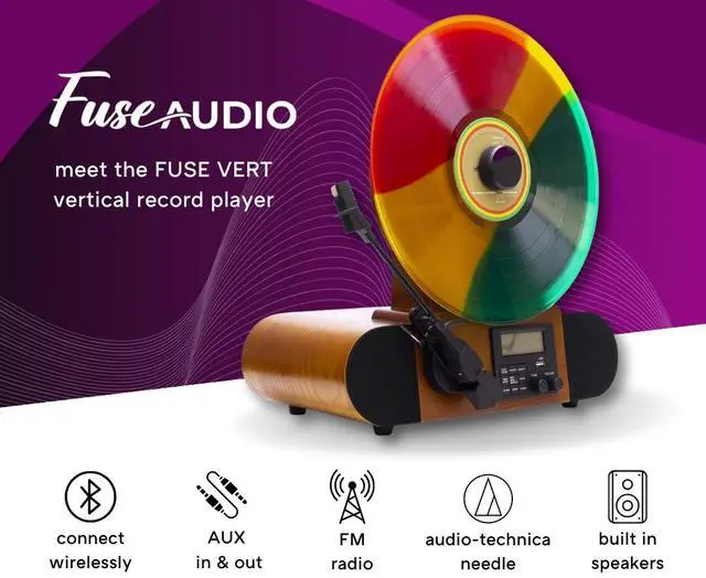 Alt view image 4 of 7 - Vert Vertical Vinyl Record Player | FM Radio, Bluetooth, AUX, USB | Alarm Clock | Audio Technica Cartridge | Full Range Speakers | Vintage Mid Century Modern | Handcrafted Ashtree Wood