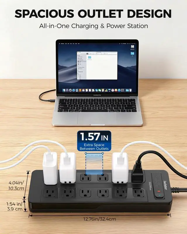 Alt view image 7 of 7 - Outdoor Power Strip Weatherproof with 1800J Surge Protector, 15.5w, 12 AC | IPX6 Waterproof, 5ft Outlet Extender with 4 USB, 1625W/13A, Wall-Mountable for Home Office, Workshop, Patio, UL Listed