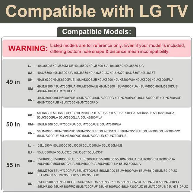 Alt view image 3 of 7 - Stand for LG TV Legs Replacement, TV Stand Legs Only for LG 55UK6500 55UJ6540 55UM7300 55UN6900 55LJ5500UA 49UJ6300 49UK6300 49UM7300 49UN6900 50UK6300 50UK6500 50UN6900, Only for Models We List