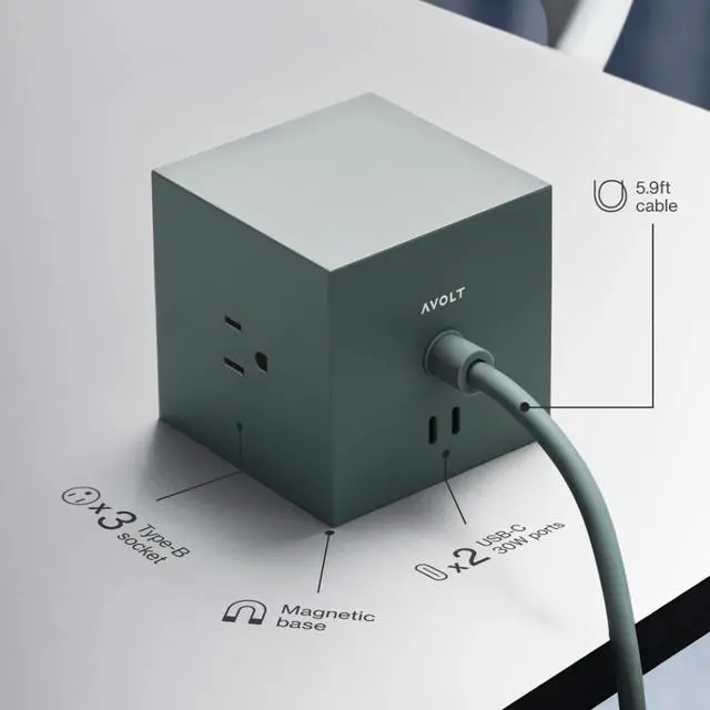 Alt view image 6 of 7 - Square 1 Decorative Power Strip Cube, 3 AC Outlets, Magnetic Desk | Decorative desk power cube with magnetic adhesive mount. USB-C charging extension cord for modern home office and bedside