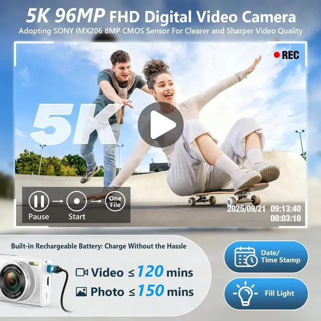 Alt view image 2 of 7 - 5K 96MP Digital Camera for Photography, 6X Optical Zoom Point Shoot Camera | Autofocus Vlogging Camera for YouTube, 64GB Card, Selfie Lens, Flash, Anti-Shake, Compact Small Travel Cameras for Beginner