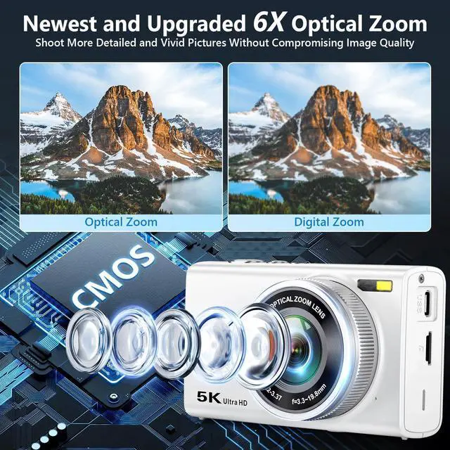 Alt view image 3 of 7 - 5K 96MP Digital Camera for Photography, 6X Optical Zoom Point Shoot Camera | Autofocus Vlogging Camera for YouTube, 64GB Card, Selfie Lens, Flash, Anti-Shake, Compact Small Travel Cameras for Beginner