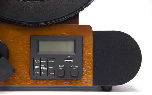Alt view image 5 of 7 - Vert Vertical Vinyl Record Player | FM Radio, Bluetooth, AUX, USB | Alarm Clock | Audio Technica Cartridge | Full Range Speakers | Vintage Mid Century Modern | Handcrafted Ashtree Wood