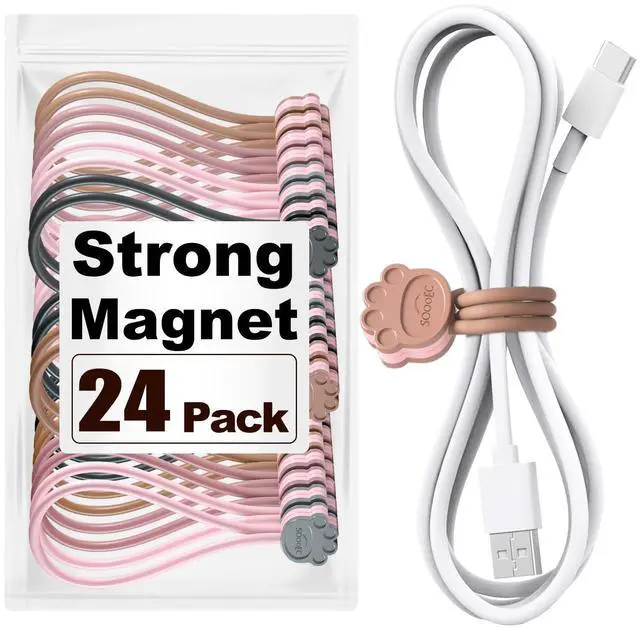 Main image of Magnetic Cable Ties 24 Pack, Dual-Color Cat Paw 7.2" Silicone Ties | Strong Magnet Hold / Embedded Safe Magnet / Easy Slide Open / Flex Silicone / Dual-Color Cat Paw / Multi Use / Fridge Magnet