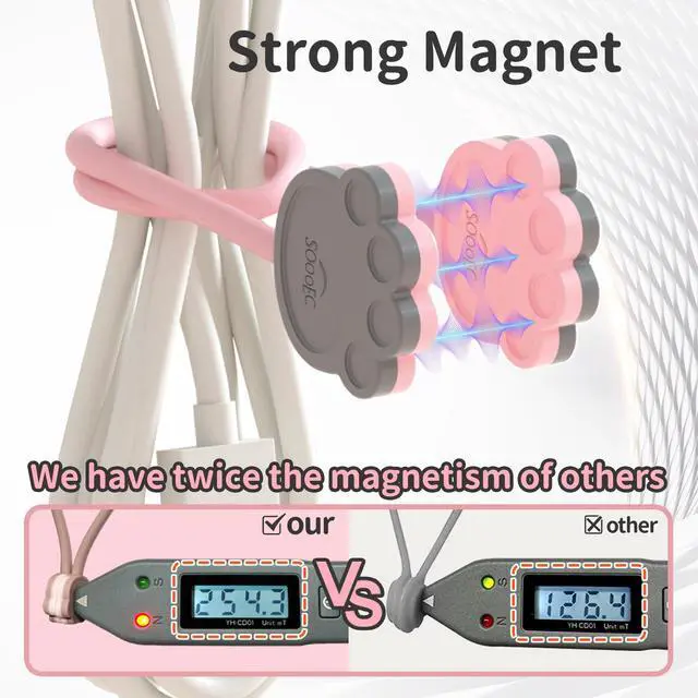 Alt view image 4 of 6 - Magnetic Cable Ties 24 Pack, Dual-Color Cat Paw 7.2" Silicone Ties | Strong Magnet Hold / Embedded Safe Magnet / Easy Slide Open / Flex Silicone / Dual-Color Cat Paw / Multi Use / Fridge Magnet