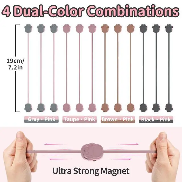 Alt view image 6 of 6 - Magnetic Cable Ties 24 Pack, Dual-Color Cat Paw 7.2" Silicone Ties | Strong Magnet Hold / Embedded Safe Magnet / Easy Slide Open / Flex Silicone / Dual-Color Cat Paw / Multi Use / Fridge Magnet