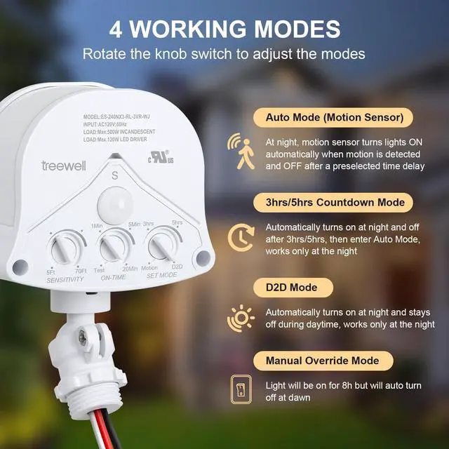Alt view image 2 of 7 - 240° & 360° Replacement Motion Sensor, Adjustable Time & Detection Sensitivity Up to 70 Feet Range, 4 Working Modes Outdoor Motion Detector for Security Floodlight, White, UL Listed