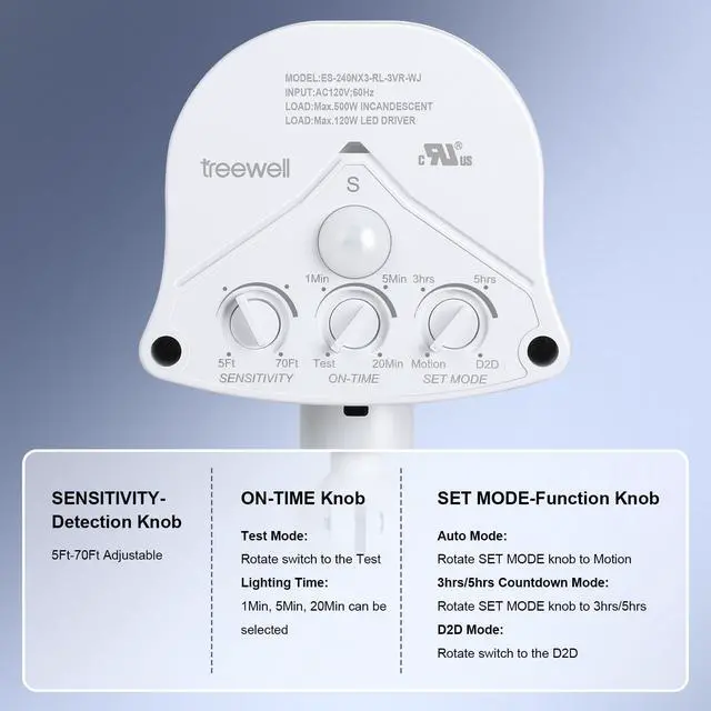Alt view image 3 of 7 - 240° & 360° Replacement Motion Sensor, Adjustable Time & Detection Sensitivity Up to 70 Feet Range, 4 Working Modes Outdoor Motion Detector for Security Floodlight, White, UL Listed