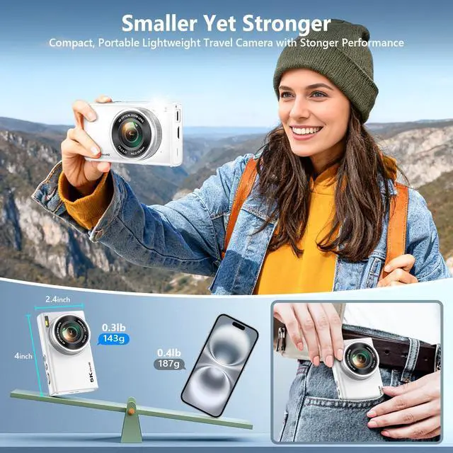 Alt view image 6 of 7 - 5K 96MP Digital Camera for Photography, 6X Optical Zoom Point Shoot Camera | Autofocus Vlogging Camera for YouTube, 64GB Card, Selfie Lens, Flash, Anti-Shake, Compact Small Travel Cameras for Beginner