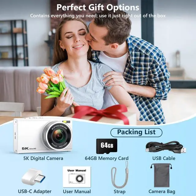 Alt view image 7 of 7 - 5K 96MP Digital Camera for Photography, 6X Optical Zoom Point Shoot Camera | Autofocus Vlogging Camera for YouTube, 64GB Card, Selfie Lens, Flash, Anti-Shake, Compact Small Travel Cameras for Beginner