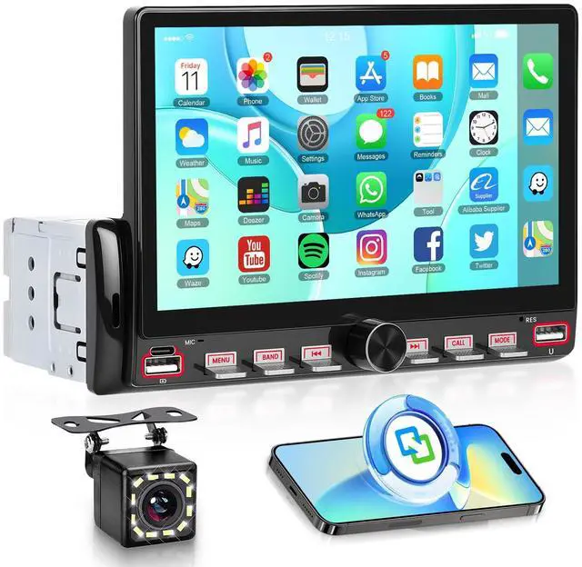 Main image of Single Din Car Radio Stereo, 7 inch Touch Screen Radio for Car Stereo Receivers, 1 Din Bluetooth Radio, HD Backup Camera, SWC, Mirror Link, Support FM/EQ/SD/AUX, USB Fast Charging