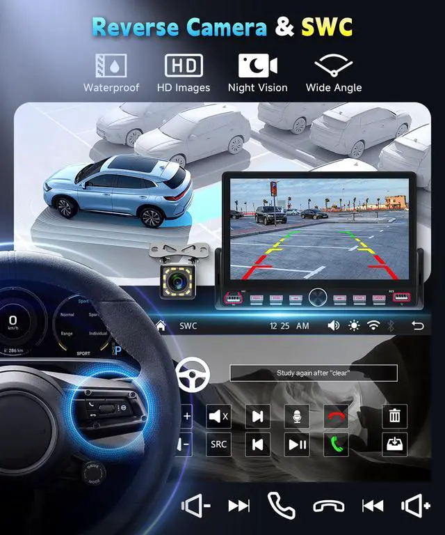 Alt view image 4 of 6 - Single Din Car Radio Stereo, 7 inch Touch Screen Radio for Car Stereo Receivers, 1 Din Bluetooth Radio, HD Backup Camera, SWC, Mirror Link, Support FM/EQ/SD/AUX, USB Fast Charging