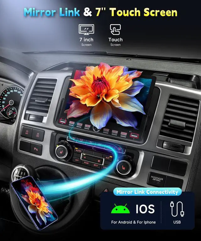 Alt view image 2 of 6 - Single Din Car Radio Stereo, 7 inch Touch Screen Radio for Car Stereo Receivers, 1 Din Bluetooth Radio, HD Backup Camera, SWC, Mirror Link, Support FM/EQ/SD/AUX, USB Fast Charging