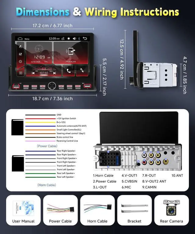 Alt view image 6 of 6 - Single Din Car Radio Stereo, 7 inch Touch Screen Radio for Car Stereo Receivers, 1 Din Bluetooth Radio, HD Backup Camera, SWC, Mirror Link, Support FM/EQ/SD/AUX, USB Fast Charging