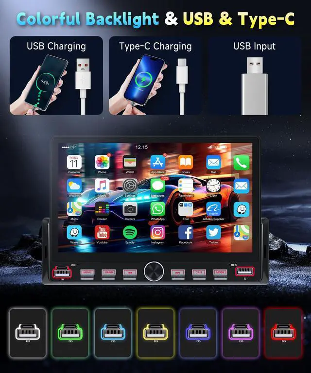 Alt view image 5 of 6 - Single Din Car Radio Stereo, 7 inch Touch Screen Radio for Car Stereo Receivers, 1 Din Bluetooth Radio, HD Backup Camera, SWC, Mirror Link, Support FM/EQ/SD/AUX, USB Fast Charging