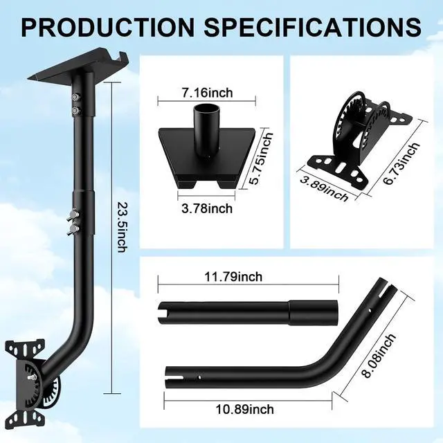 Alt view image 7 of 7 - Gen 3 Wall Mount for Starlink Standard 4/4X/V3 Dish, Heavy Duty Alloy Steel Bracket with 8 & 10 Inch Extension Pole, Weatherproof Roof Mount Kit with Installation Hardware, Black (One Set)