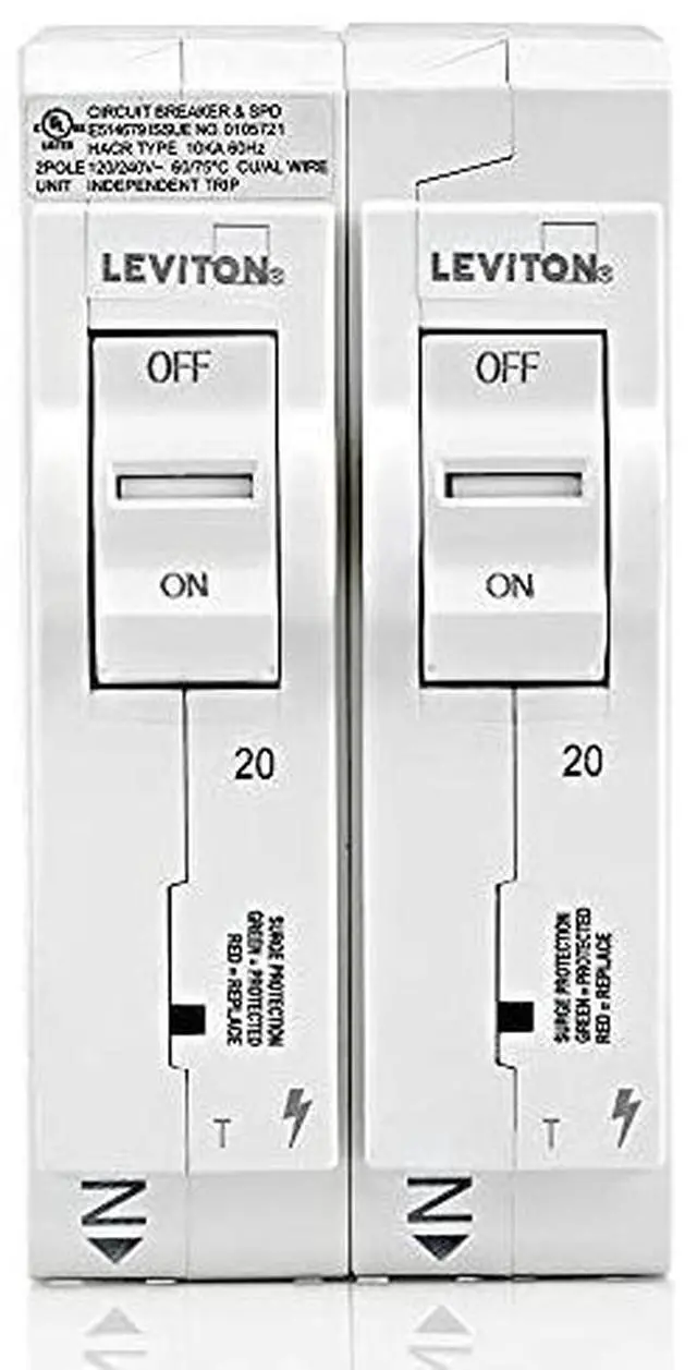 Alt view image 2 of 6 - LSPD2-T Surge Protective Device with Two 20A 1-Pole Plug-On Standard Branch Circuit Breakers, Thermal Magnetic, 120/240 VAC, White