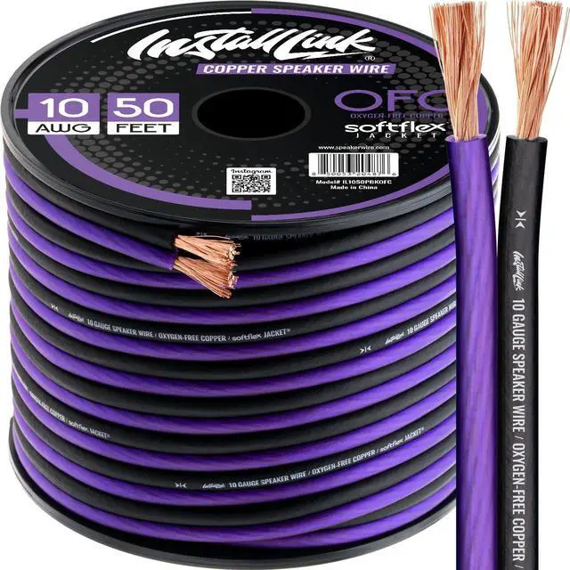 Main image of 10 AWG Gauge Speaker Wire (50 Feet) Car or Home Theater (OFC) | Pure OFC Copper, 10/2 Speaker Cable, 2-Conductor, Frosted Purple/Black, Easy Strip, Polarity ID, for Car Audio & Home Stereo
