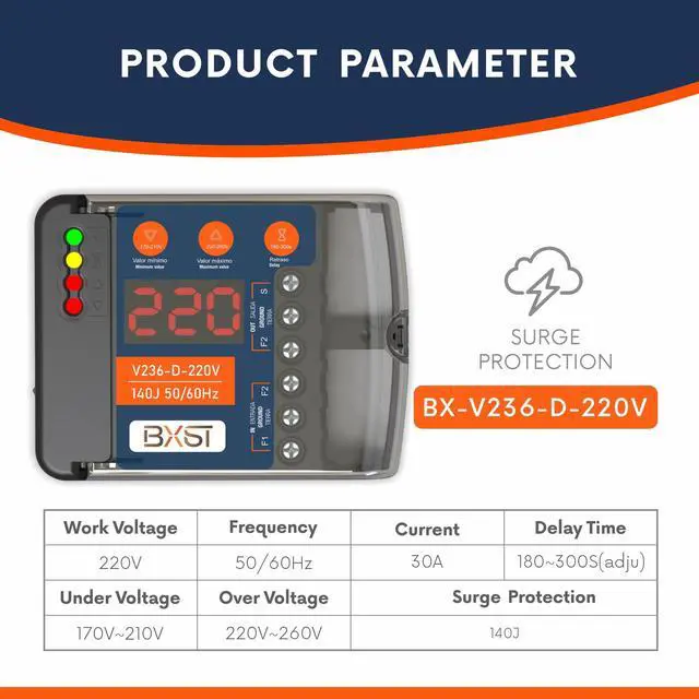 Alt view image 2 of 7 - Heavy Duty Wiring Surge Protector with LED Display Adjustable Voltage & Delay Protection, 220V, 30A, 6600W Max, 140J Surge Protection for Refrigerators, Air Conditioning, Motors, Pumps