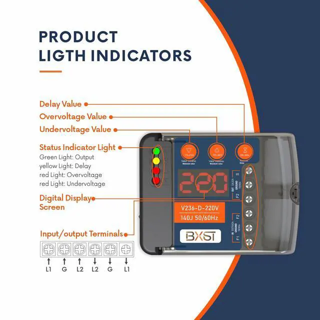 Alt view image 3 of 7 - Heavy Duty Wiring Surge Protector with LED Display Adjustable Voltage & Delay Protection, 220V, 30A, 6600W Max, 140J Surge Protection for Refrigerators, Air Conditioning, Motors, Pumps