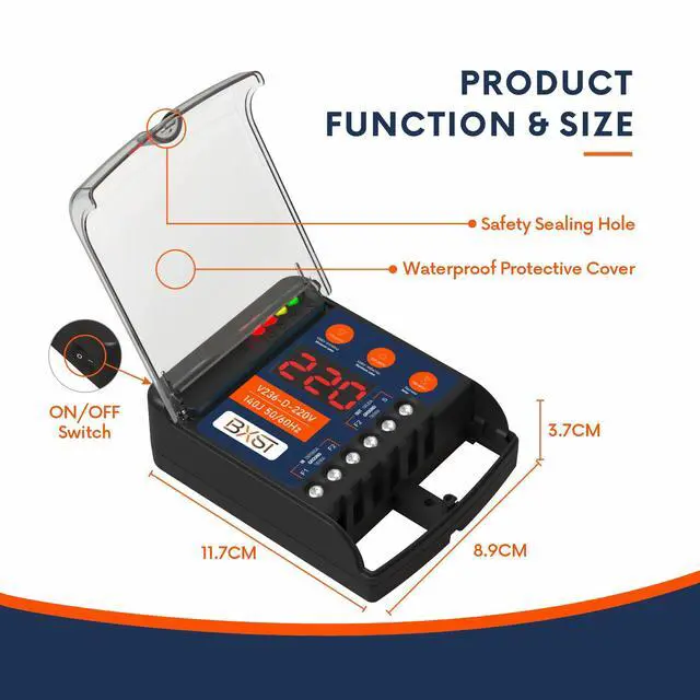 Alt view image 4 of 7 - Heavy Duty Wiring Surge Protector with LED Display Adjustable Voltage & Delay Protection, 220V, 30A, 6600W Max, 140J Surge Protection for Refrigerators, Air Conditioning, Motors, Pumps