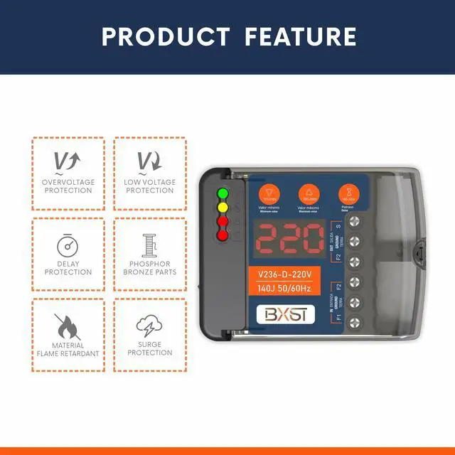 Alt view image 5 of 7 - Heavy Duty Wiring Surge Protector with LED Display Adjustable Voltage & Delay Protection, 220V, 30A, 6600W Max, 140J Surge Protection for Refrigerators, Air Conditioning, Motors, Pumps