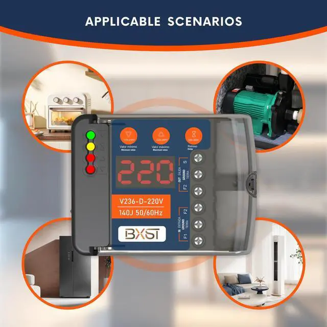 Alt view image 6 of 7 - Heavy Duty Wiring Surge Protector with LED Display Adjustable Voltage & Delay Protection, 220V, 30A, 6600W Max, 140J Surge Protection for Refrigerators, Air Conditioning, Motors, Pumps