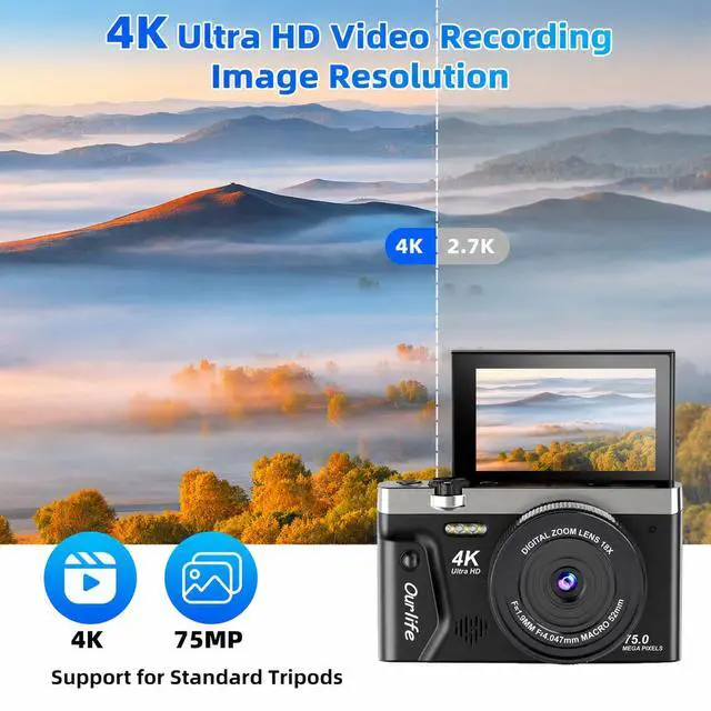 Alt view image 3 of 7 - 4K 75MP Digital Camera for Photography,Camera with FILP Screen | 2026 Upgraded WiFi Vlogging Camera for YouTube,18X Zoom Fill Light Compact Vlog Camera for Beginner Teens(64GB Card)