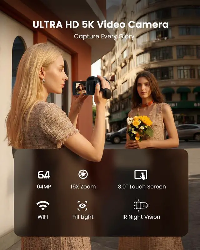 Alt view image 2 of 7 - 5K Video Camera Camcorder, 64MP Vlogging Camera for YouTube with 3" 270° Rotatable Touch Screen, 16X Zoom Digital Camera with IR Night Vision, WiFi & Webcam, 32GB Card + 2 Batteries + Mic Included