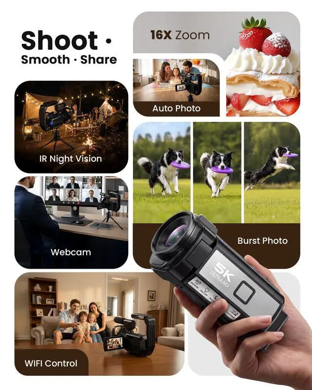Alt view image 7 of 7 - 5K Video Camera Camcorder, 64MP Vlogging Camera for YouTube with 3" 270° Rotatable Touch Screen, 16X Zoom Digital Camera with IR Night Vision, WiFi & Webcam, 32GB Card + 2 Batteries + Mic Included