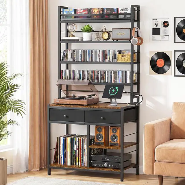 Main image of Tall CD Rack with Power Outlet & Drawers, 8-Tier DVD Storage Shelf | Media Storage Cabinet for CDs/DVDs, Vinyl Records, Books Games, Ideal for Living Room Home Office, 31.5x15.7x70.6 in, Brown