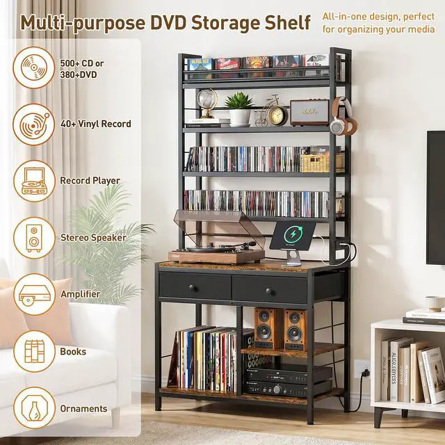 Alt view image 2 of 7 - Tall CD Rack with Power Outlet & Drawers, 8-Tier DVD Storage Shelf | Media Storage Cabinet for CDs/DVDs, Vinyl Records, Books Games, Ideal for Living Room Home Office, 31.5x15.7x70.6 in, Brown