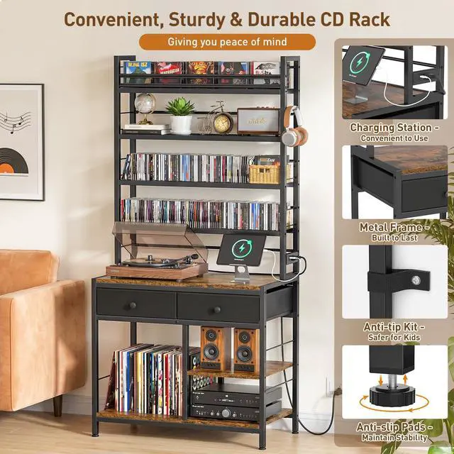 Alt view image 4 of 7 - Tall CD Rack with Power Outlet & Drawers, 8-Tier DVD Storage Shelf | Media Storage Cabinet for CDs/DVDs, Vinyl Records, Books Games, Ideal for Living Room Home Office, 31.5x15.7x70.6 in, Brown