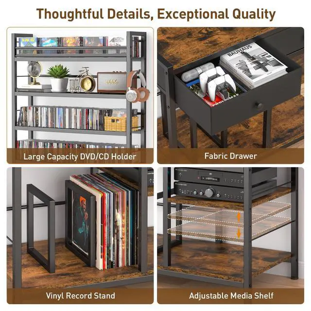 Alt view image 5 of 7 - Tall CD Rack with Power Outlet & Drawers, 8-Tier DVD Storage Shelf | Media Storage Cabinet for CDs/DVDs, Vinyl Records, Books Games, Ideal for Living Room Home Office, 31.5x15.7x70.6 in, Brown