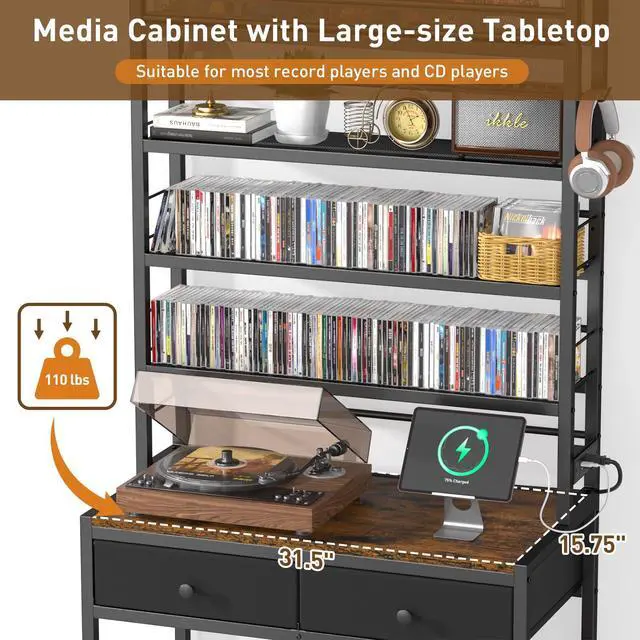Alt view image 6 of 7 - Tall CD Rack with Power Outlet & Drawers, 8-Tier DVD Storage Shelf | Media Storage Cabinet for CDs/DVDs, Vinyl Records, Books Games, Ideal for Living Room Home Office, 31.5x15.7x70.6 in, Brown