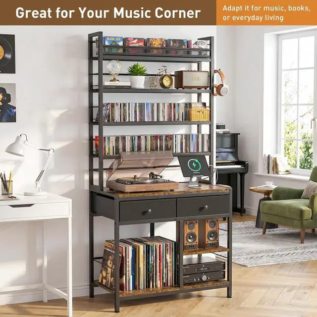 Alt view image 7 of 7 - Tall CD Rack with Power Outlet & Drawers, 8-Tier DVD Storage Shelf | Media Storage Cabinet for CDs/DVDs, Vinyl Records, Books Games, Ideal for Living Room Home Office, 31.5x15.7x70.6 in, Brown