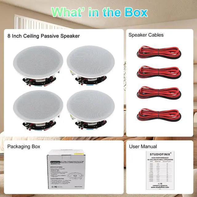 Alt view image 7 of 7 - 8-Inch in-Ceiling Speakers, 800W Max Power Passive Flush-Mount Ceiling Speakers for Home Theater, Living Room, Office, Kitchen, Basement, Covered Patio (2 Pairs)