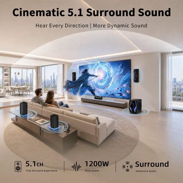 Alt view image 2 of 7 - Surround Sound Systems Home Theater System,1200 Watts Peak Power | 10" Subwoofer, 5.1/2.1 Wired Audio Stereo Speakers, Strong Bass, Karaoke Function, with ARC Optical AUX Bluetooth Input