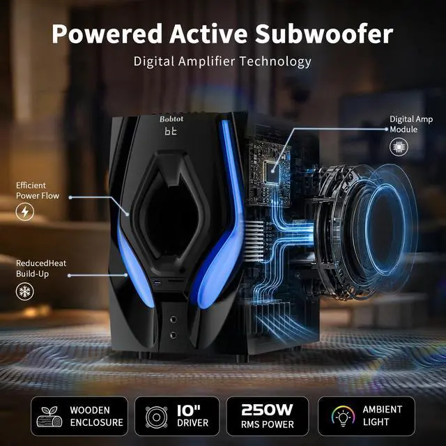 Alt view image 3 of 7 - Surround Sound Systems Home Theater System,1200 Watts Peak Power | 10" Subwoofer, 5.1/2.1 Wired Audio Stereo Speakers, Strong Bass, Karaoke Function, with ARC Optical AUX Bluetooth Input
