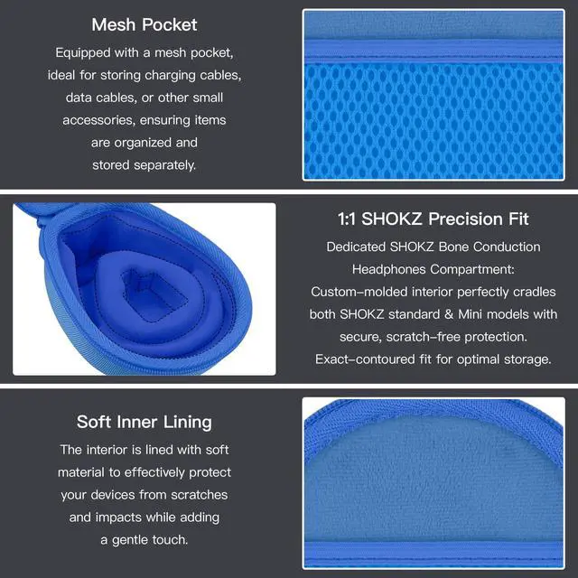 Alt view image 5 of 7 - Hard Case for SHOKZ OpenRun Pro 2/1/Mini,OpenMove,OpenSwim, Blue | Compatible with All Dual-Size SHOKZ Open-Ear Bone Conduction Sport Headphones, Standard And Mini Fit, Custom-Molded Insert