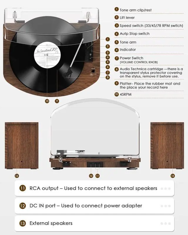 Alt view image 6 of 7 - Vinyl Record Player with External Speakers AT-3600L Cartridge | Belt Drive Turntable, Wireless Bluetooth Playback, Dual Stereo Speakers, 3 Speed, RCA Out, Vintage Vinyl Player