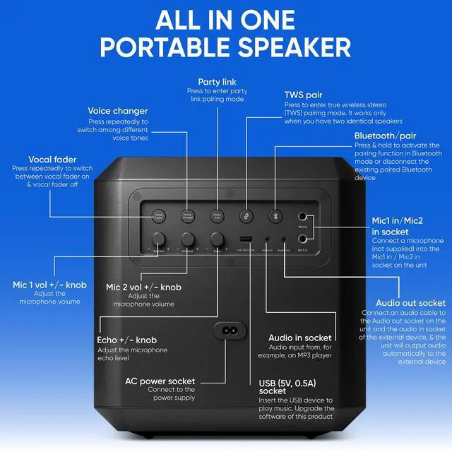 Alt view image 3 of 7 - X4207 Bluetooth Party Speaker,100W Wireless Cube Speaker with Powerful Sound and Deep Bass, Supports USB/AUX/TWS, Mic Input and Vibrant Party Lights for an Immersive Experience