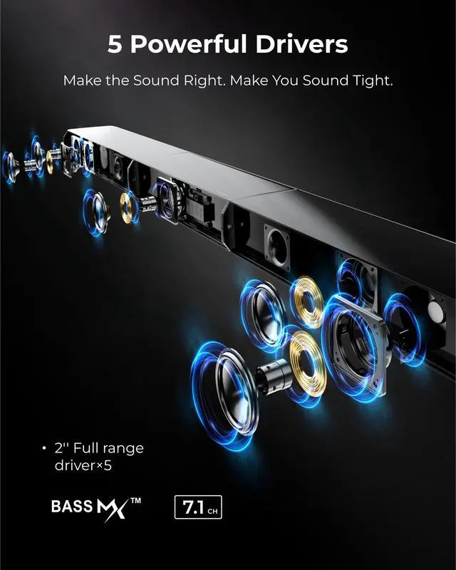 Alt view image 3 of 5 - 7.1ch Virtual Surround Sound Bar, Sound Bar for Smart TV with 2 Surround Speakers, Surround Sound System for TV with RGB, 6.5" Subwoofer, Peak Power 410W, App, HDMI/OPT/AUX/BT Apollo S70 Ultra